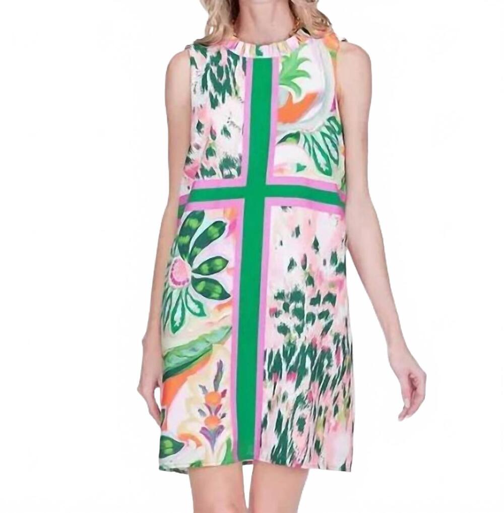 NEW JOY JOY sleeveless ruffles neck dress in patchwork garden